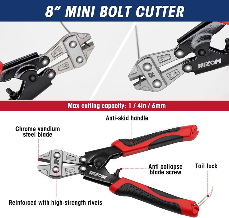 Rizom 3-Piece Bolt Cutter Pliers Set, 14" Heavy Duty Bolt Cutter, 8" Mini Bolt Cutter, 8" Wire Cable Cutter with Carrying Bag, Cr-V Blade for Cutting Locks, Steel Wire, Barbed Wire, Chains - Image 4